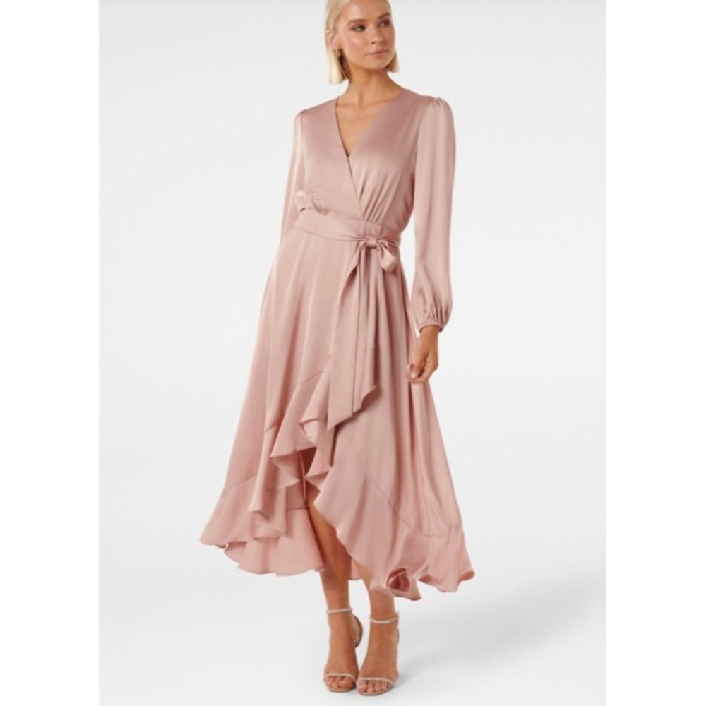 Gal Meets Glam Jennifer Shimmer Satin Wrap Dress Mauve High Low Midi NWT Size 4